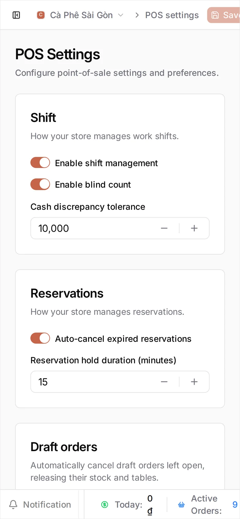 The same page at phone width, where the Settings sidebar is collapsed behind a toggle: the POS Settings heading, then the Shift, Reservations and Draft orders cards stacked with every switch off