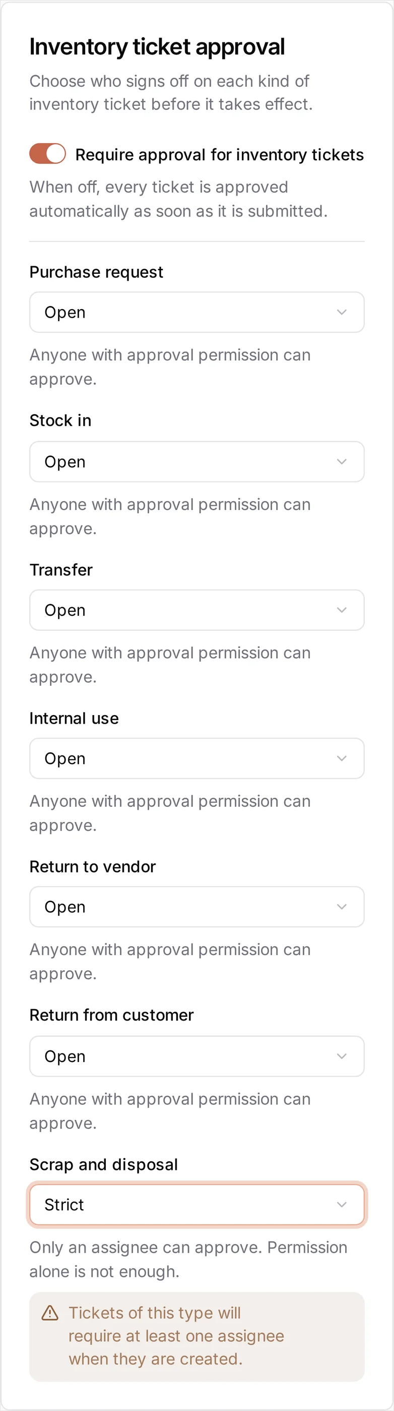 The Inventory ticket approval card with Require approval for inventory tickets switched on, revealing a dropdown per ticket type set to Open, and a yellow warning under the one set to Strict