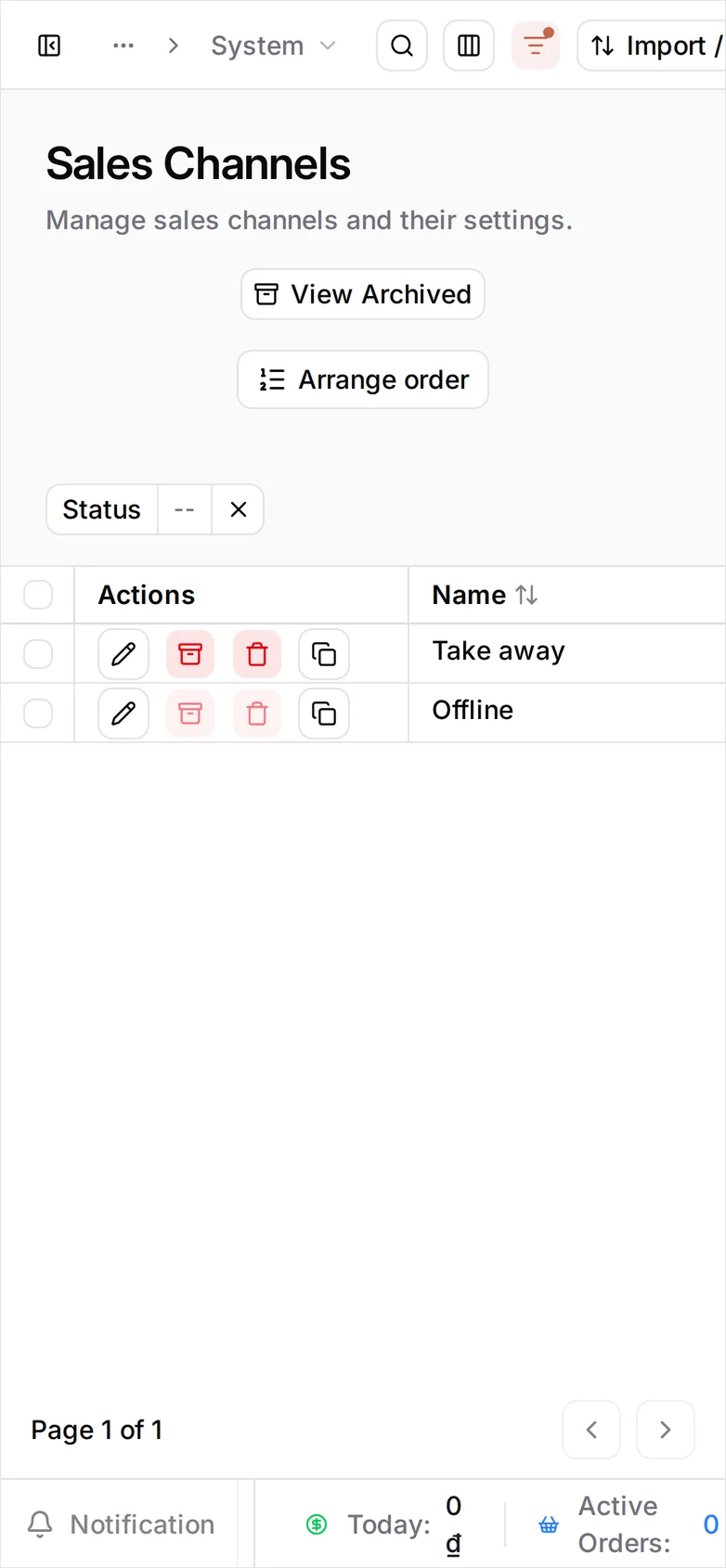The Sales Channels list at phone width: the table shows its Actions and Name columns, with Offline and Take away listed; Status, Merchant and Default sit off-screen to the right