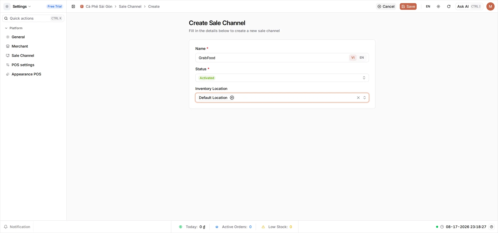 The Create Sale Channel form with Name 'GrabFood' entered next to the VI and EN buttons, Status Activated, and Inventory Location 'Default Location' selected