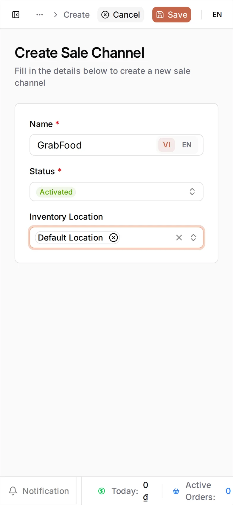 The Create Sale Channel form with Name 'GrabFood' entered next to the VI and EN buttons, Status Activated, and Inventory Location 'Default Location' selected