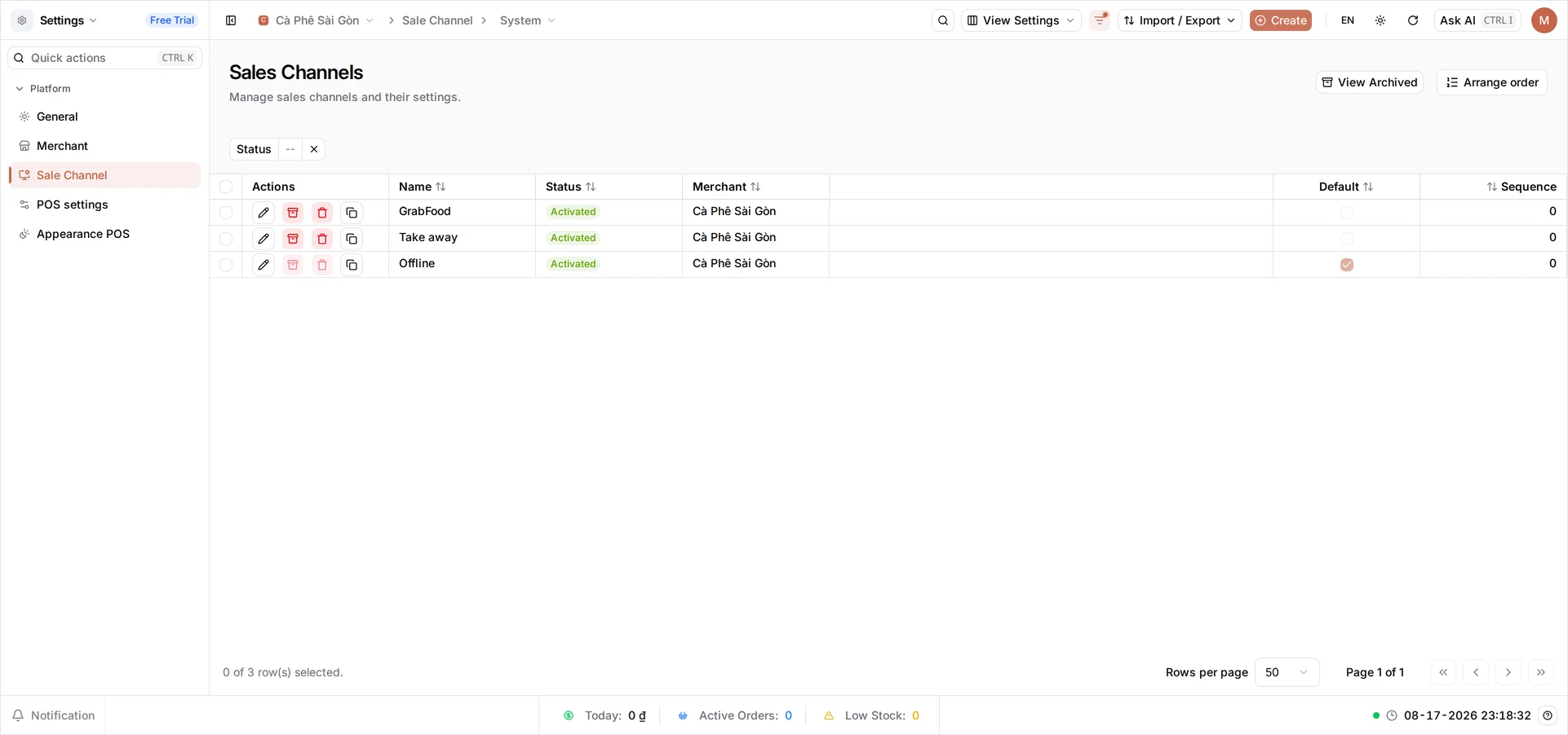 The Sales Channels list with three channels — GrabFood, Offline and Take away — all Activated, and Offline still ticked in the Default column