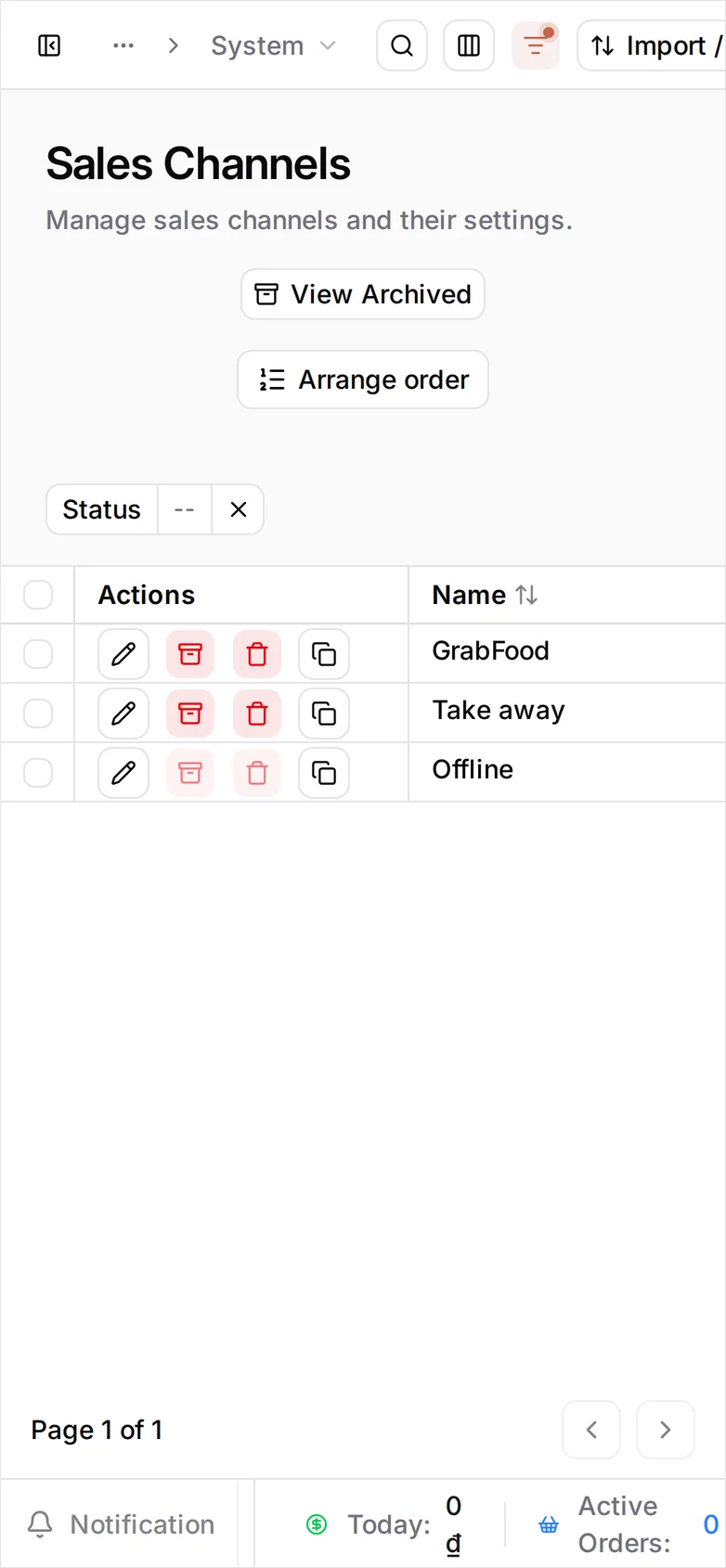 The three-channel list at phone width: the Actions and Name columns show GrabFood, Offline and Take away, with Status, Merchant and Default off-screen to the right
