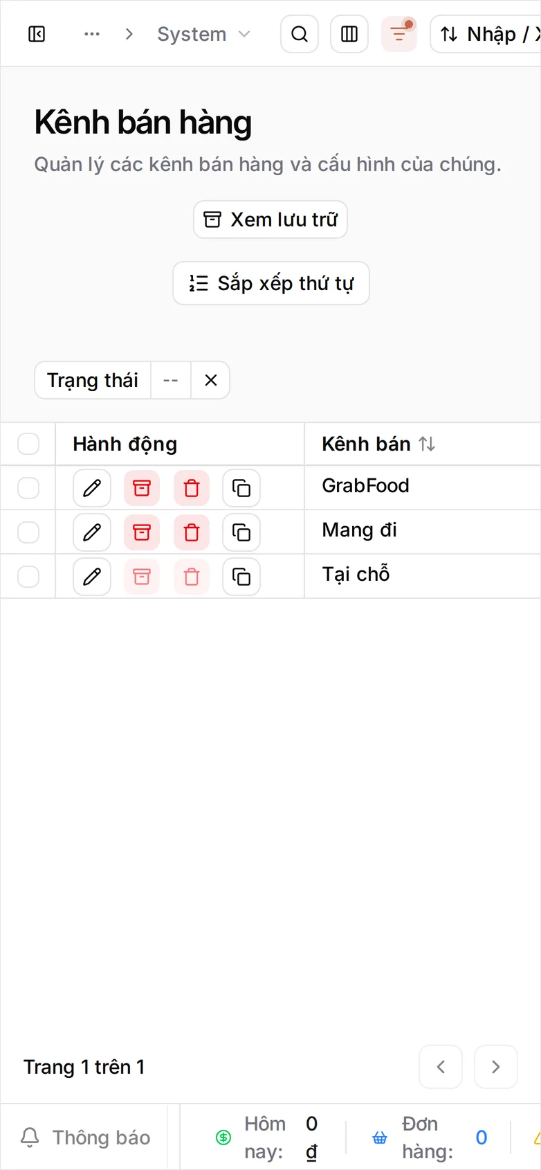 Danh sách ba kênh trên màn hình điện thoại: cột Hành động và Kênh bán hiển thị GrabFood, Tại chỗ và Mang đi; cột Trạng thái, Cửa hàng và Mặc định nằm ngoài màn hình bên phải