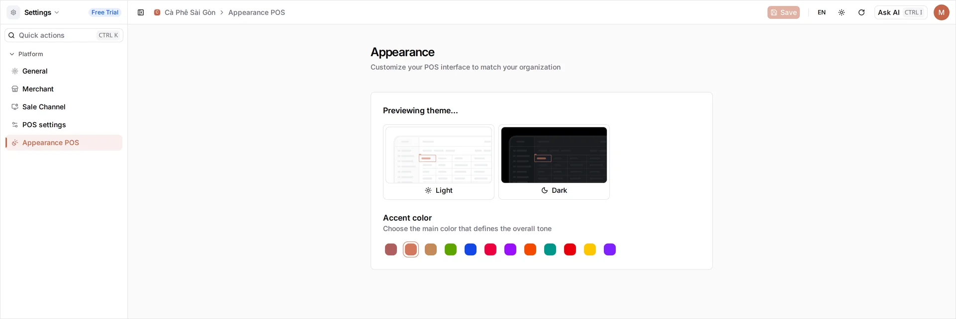 The Appearance page — 'Customize your POS interface to match your organization' — with two theme preview panels labelled Light and Dark above an Accent color swatch row, Ember selected
