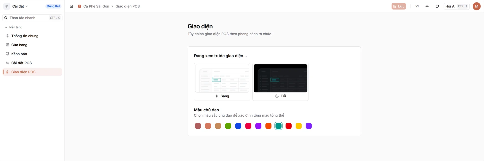Trang Giao diện với mô tả tùy chỉnh giao diện POS theo phong cách tổ chức, hai khung xem trước Sáng và Tối phía trên hàng ô Màu chủ đạo, đang chọn Than Hồng