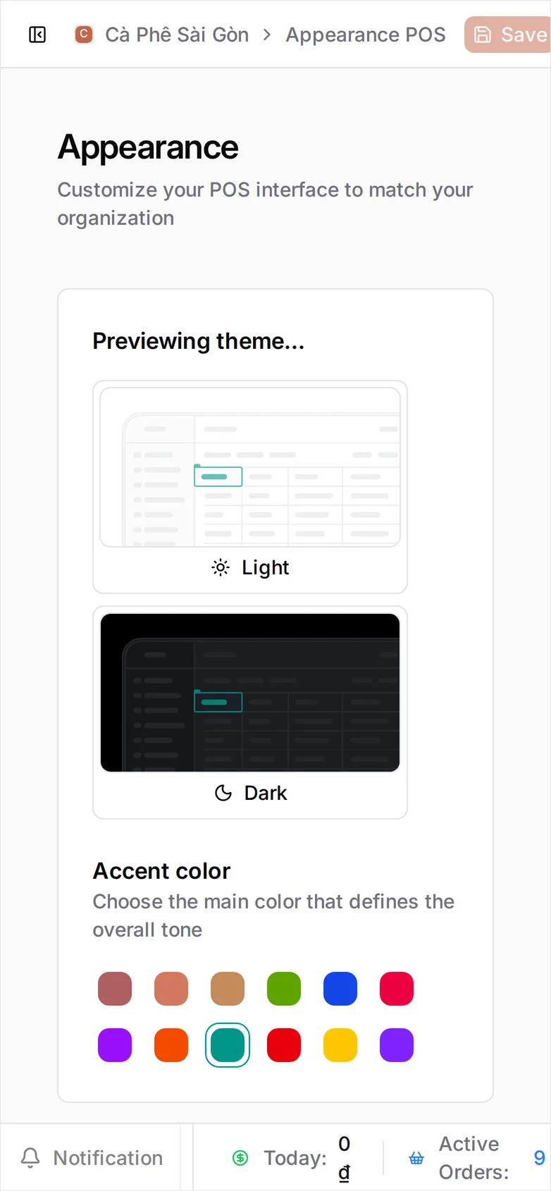 The Appearance page — 'Customize your POS interface to match your organization' — with two theme preview panels labelled Light and Dark above an Accent color swatch row, Ember selected