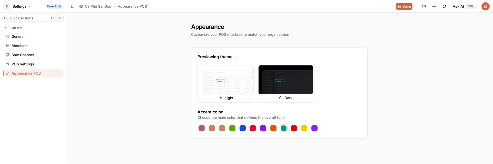 The Light and Dark preview panels redrawn in the newly chosen colour, with Save active in the top bar