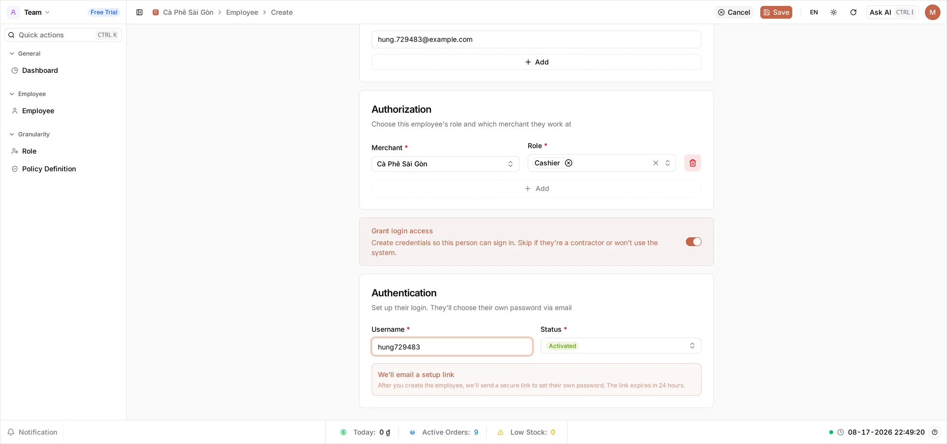 The Create New Employee page scrolled to the lower half: the Email field with an Add button, an Authorization card with Merchant Headquarter and the Cashier role, the Grant login access switch turned on, and an Authentication card with Username and Status Activated above a note reading 'We'll email a setup link — the link expires in 24 hours'
