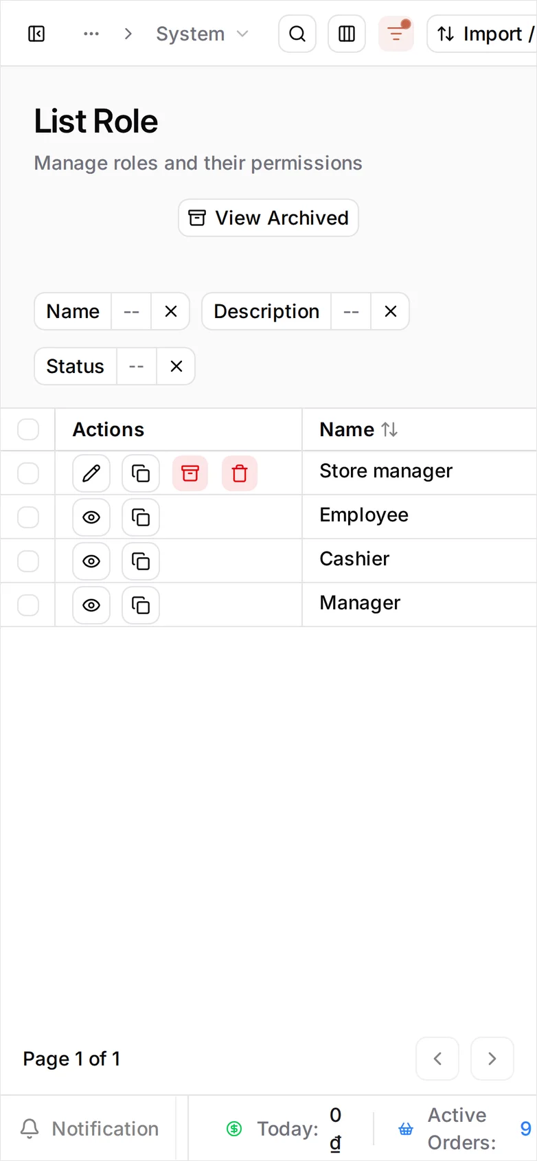 The Role list showing the three roles a new shop starts with — Employee, Cashier and Manager — each Activated and badged System role in the Type column, over a footer reading 0 of 3 row(s) selected