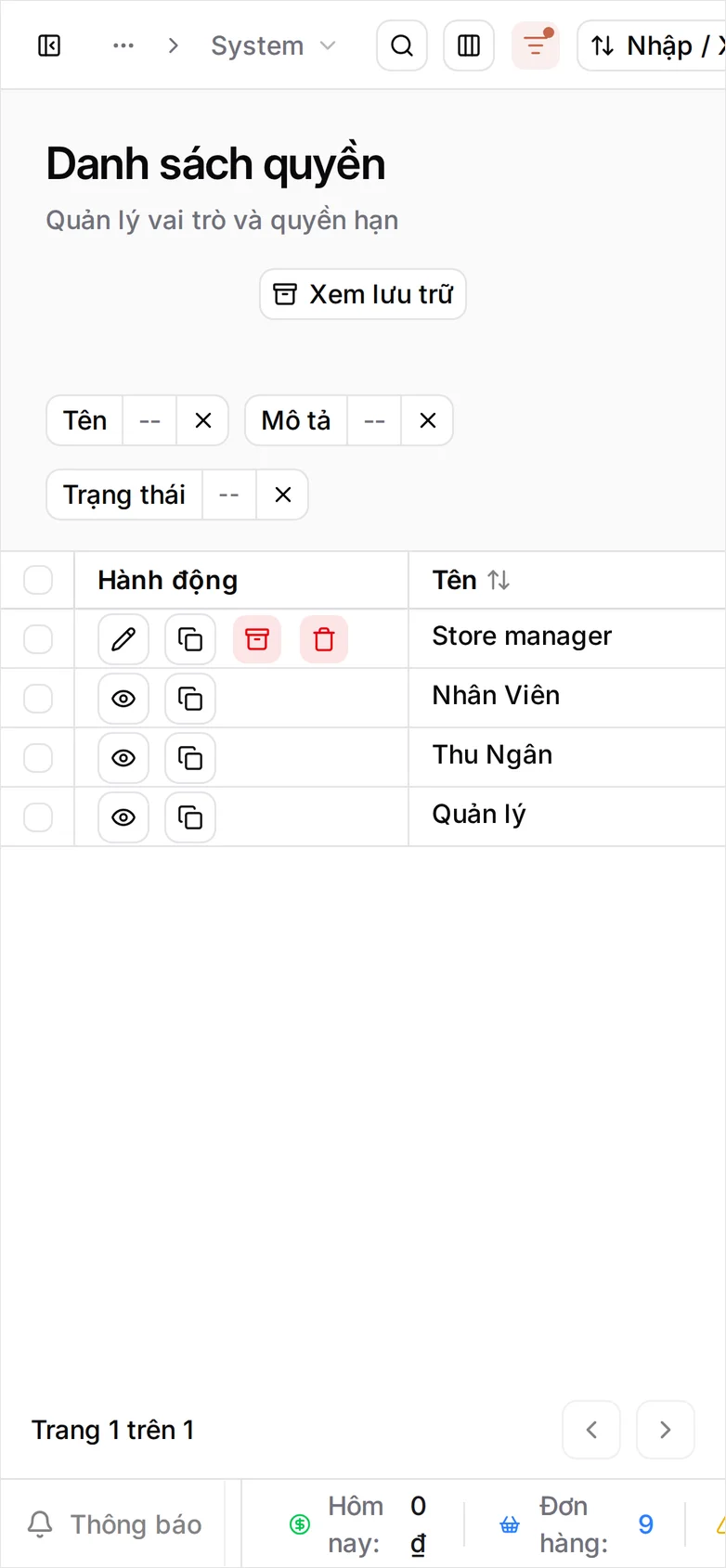 Danh sách Vai trò hiển thị các vai trò cửa hàng mới đã có — Thu Ngân, Nhân Viên và Quản lý — đều Đang hoạt động và mang nhãn Vai trò hệ thống