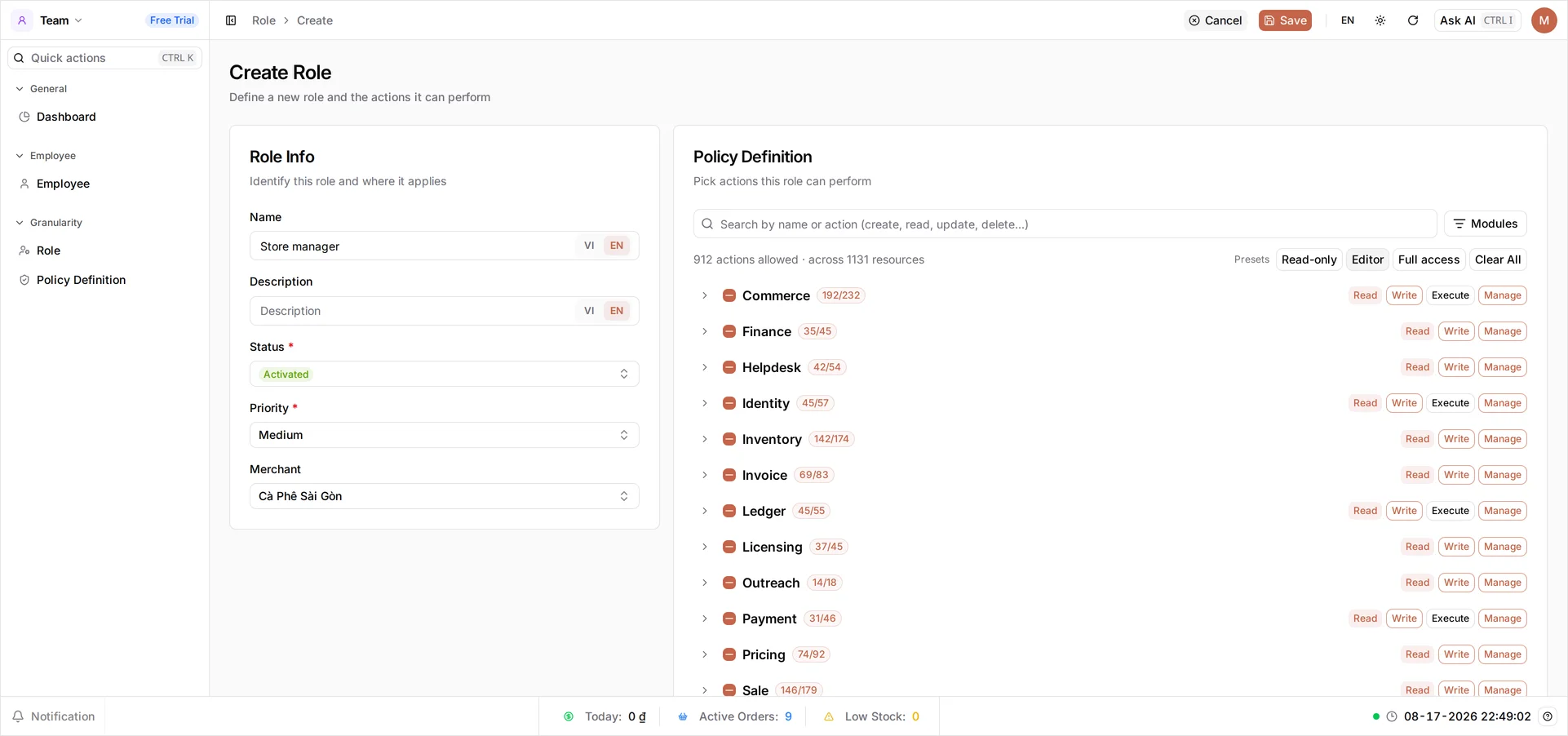 The Create Role page with Name Store manager, Status Activated, Priority Medium and a Merchant, beside the Policy Definition panel showing the Editor preset applied and a count of allowed actions across modules like Commerce, Inventory and Sale
