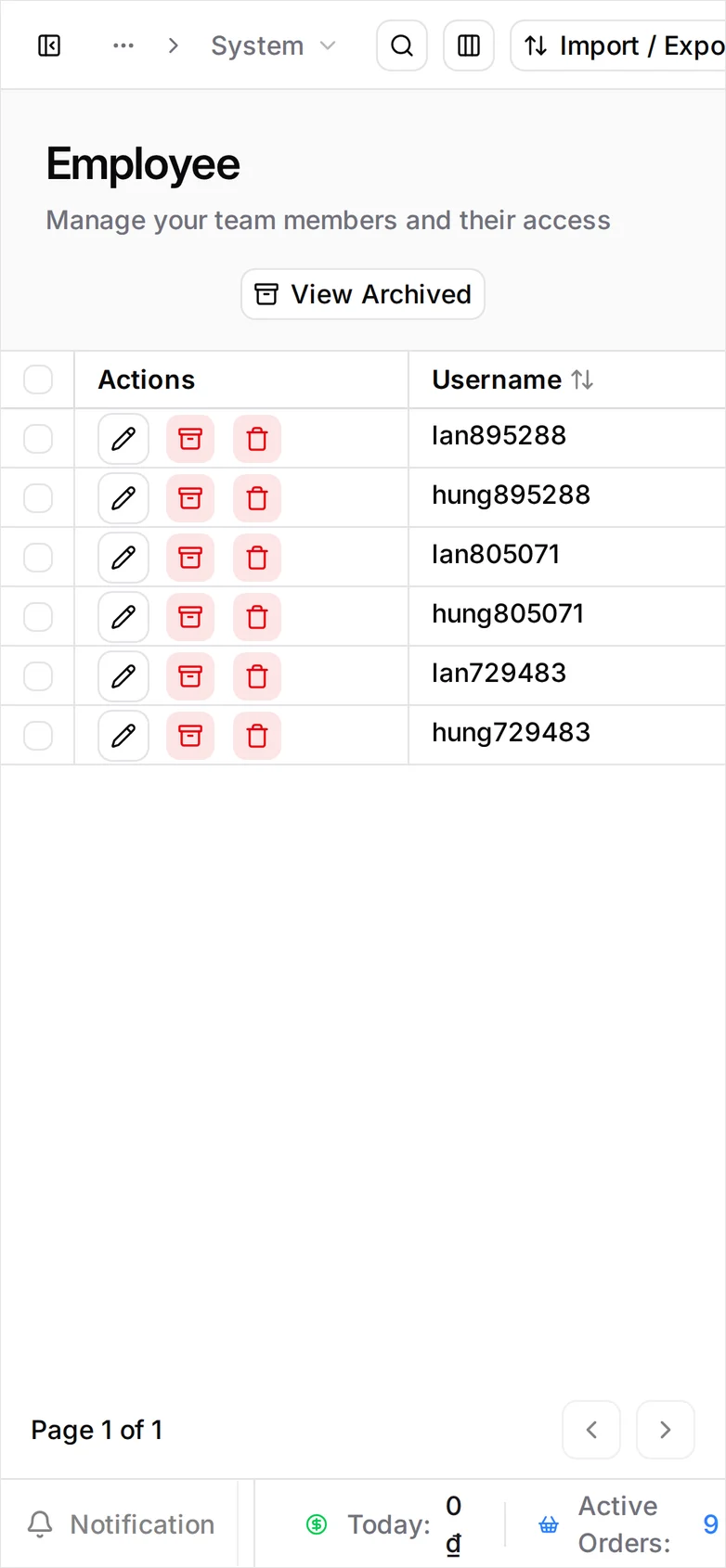 The Employee list with two rows — Hùng Phạm as Cashier and Lan Trần as Store manager — each showing a username, an email and a Status of Activated