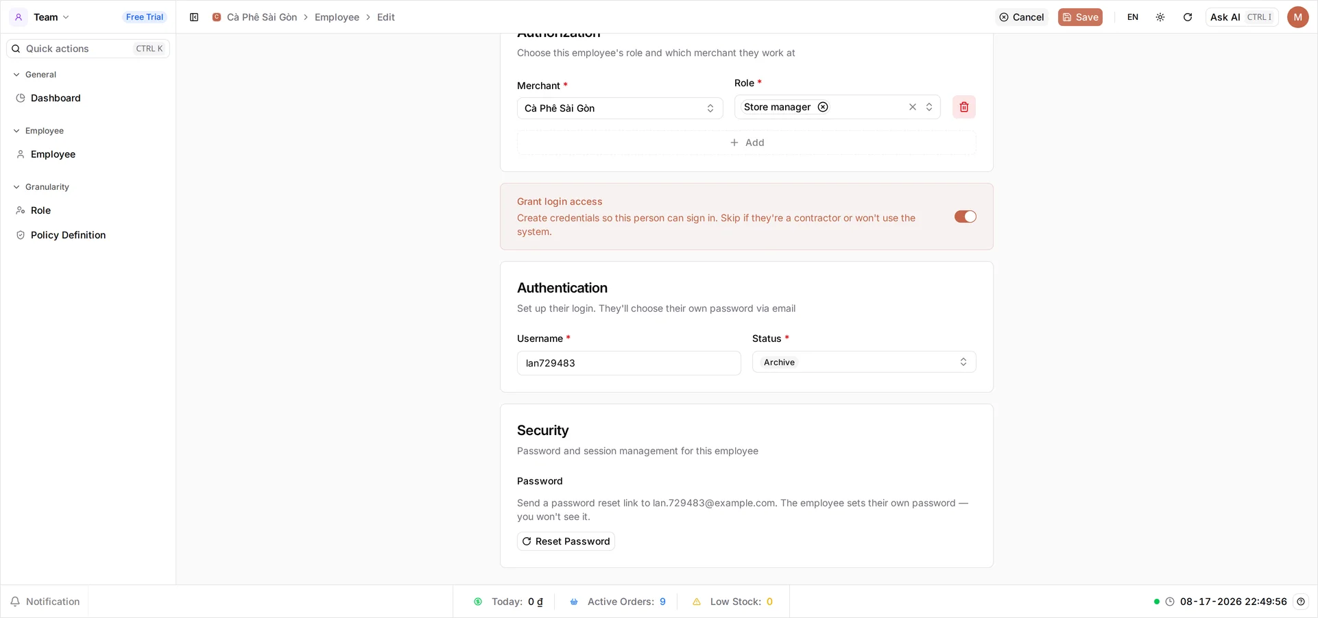 An employee's record open for editing: the Authorization card where the role can be changed, the Grant login access switch, Status set to Archive, and a Security card offering Reset Password