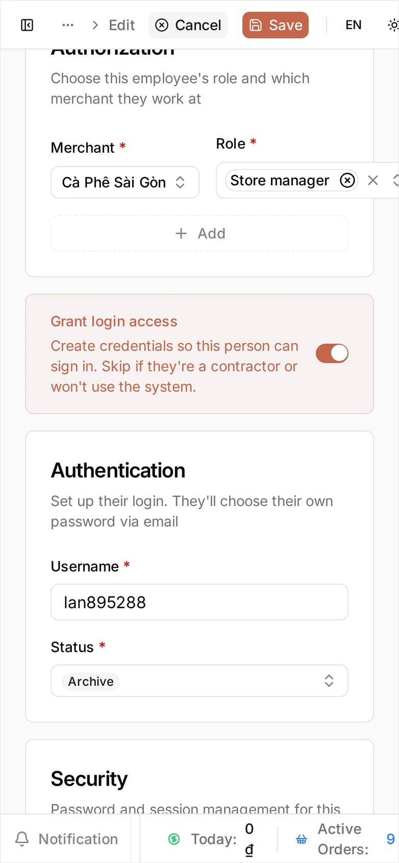 An employee's record open for editing: the Authorization card where the role can be changed, the Grant login access switch, Status set to Archive, and a Security card offering Reset Password