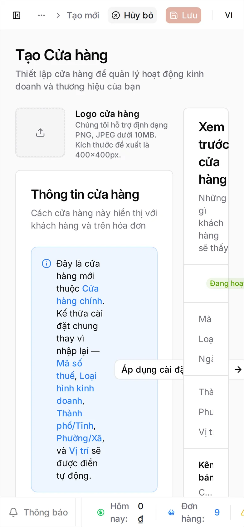 Biểu mẫu Tạo cửa hàng: ô tải logo còn trống, khung xanh báo rằng Mã số thuế, Loại hình kinh doanh, Thành phố/Tỉnh, Phường/Xã và Vị trí sẽ được điền tự động kèm nút Áp dụng cài đặt cửa hàng, rồi ô Tên với nút chuyển VI/EN, ô Mã số thuế kèm nút Kiểm tra, Trạng thái Đang hoạt động, Loại hình kinh doanh đã sẵn mặc định là Hộ kinh doanh kèm ghi chú không đổi được sau khi tạo, và ô Ngành nghề còn trống. Bảng Xem trước cửa hàng bên phải ghi Chưa cấu hình ở mọi trường