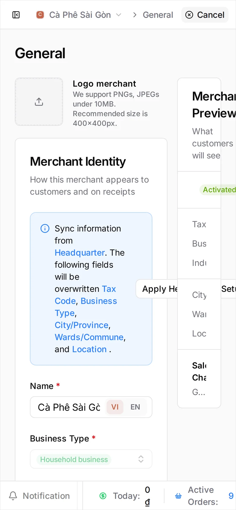 The Settings General page: an empty Logo merchant tile above the Merchant Identity card, a blue panel reading 'Sync information from Headquarter' listing Tax Code, Business Type, City/Province, Wards/Commune and Location as the fields it overwrites with an Apply Headquarter Setup button beside it, then Name, Business Type, Status, Tax Code, Industry, a Category row of removable chips, and City/Province and Wards/Commune both still on Search…; the Merchant Preview panel on the right shows the shop Activated with Tax Code, City/Province and Wards/Commune reading Not set while Business Type, Industry and Location already carry values, over a Sale Channels line