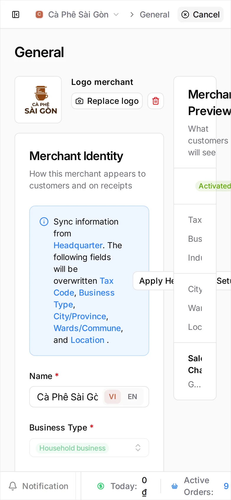 The Logo merchant tile previewing the Cà Phê Sài Gòn logo once chosen, with a Replace logo button and a trash icon beside it. The image is not uploaded until the form is saved