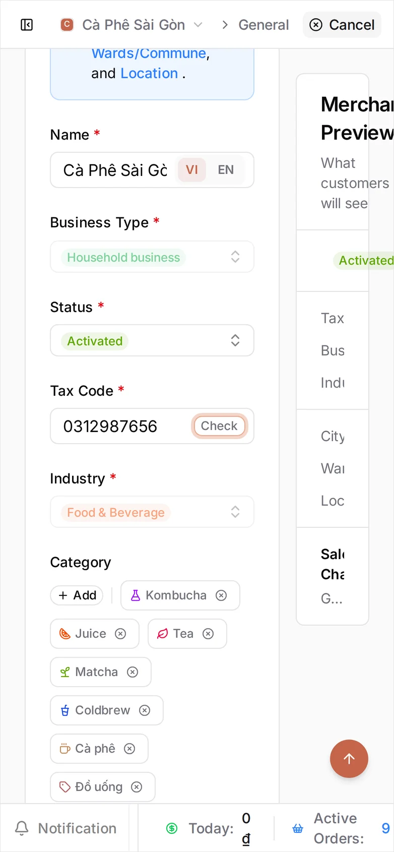 The Merchant Identity form with Tax Code 0312987656 and the Check button inside that field, and Name set to Cà Phê Sài Gòn with the VI/EN language switcher inside the name field