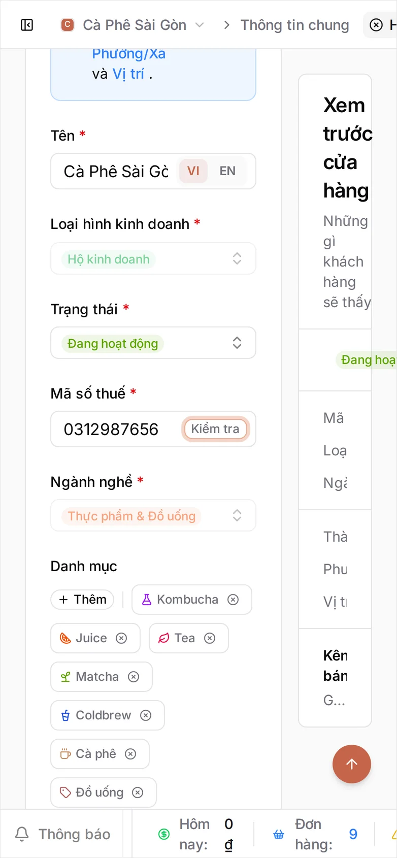 Biểu mẫu Thông tin cửa hàng với Mã số thuế 0312987656 và nút Kiểm tra nằm trong chính ô đó, còn ô Tên là Cà Phê Sài Gòn kèm nút chuyển ngôn ngữ VI/EN bên trong