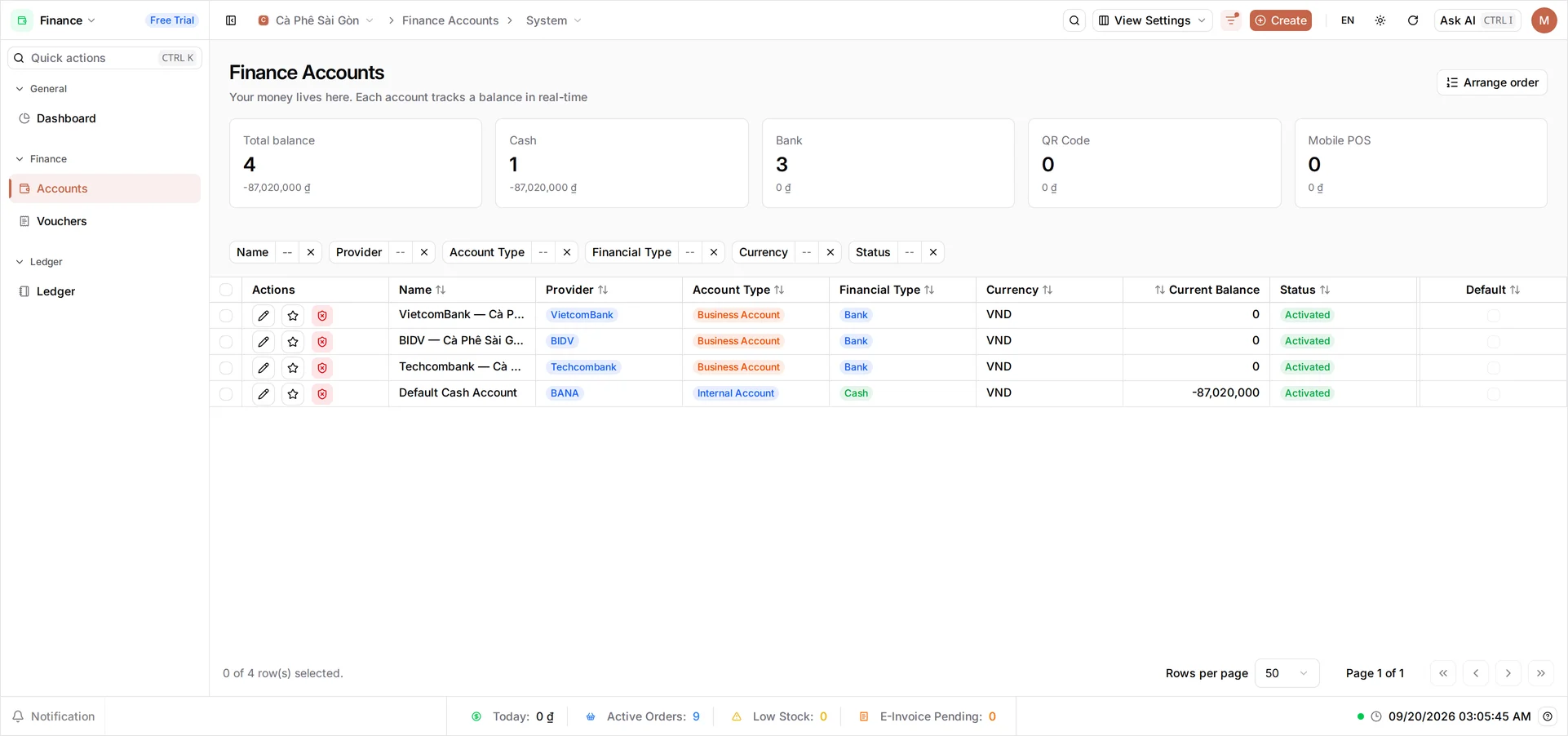 The Finance Accounts screen listing a Default Cash Account plus several Bank accounts, all Activated