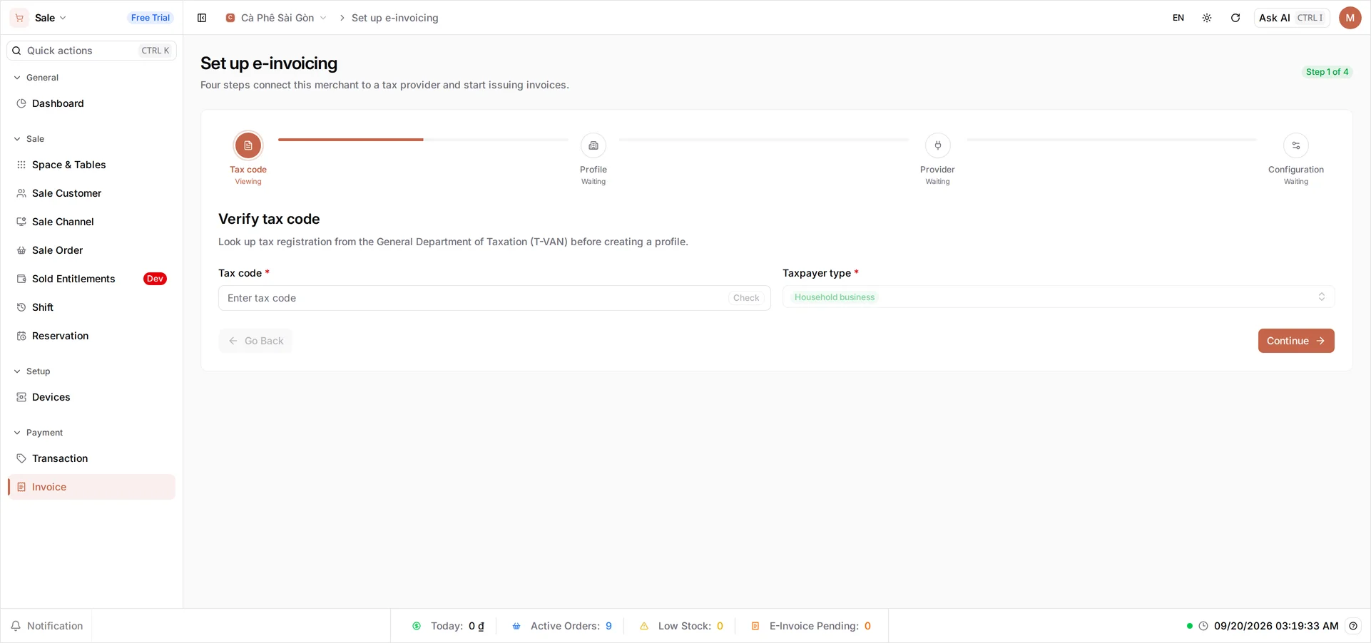 The e-invoicing setup wizard, step 1 of 4: Verify tax code, with empty Tax code and Taxpayer type fields, and Profile, Provider and Configuration waiting