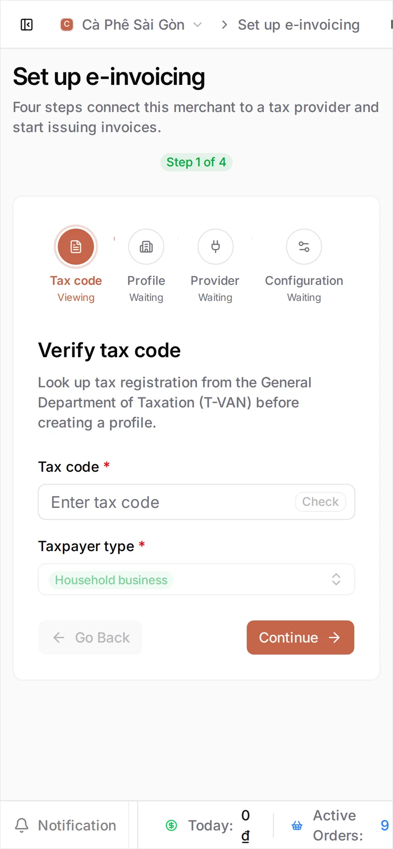The e-invoicing setup wizard, step 1 of 4: Verify tax code, with empty Tax code and Taxpayer type fields, and Profile, Provider and Configuration waiting