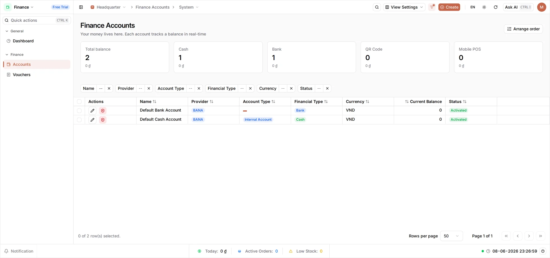 The Finance Accounts screen with Total balance, Cash, Bank, QR Code and Mobile POS cards above a list holding the Default Bank Account and Default Cash Account, both Activated