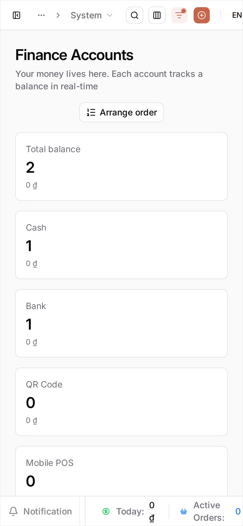 The Finance Accounts screen on a phone: an Arrange order button above the Total balance 2, Cash 1, Bank 1, QR Code 0 and Mobile POS 0 cards, stacked one per row with the account list below the fold