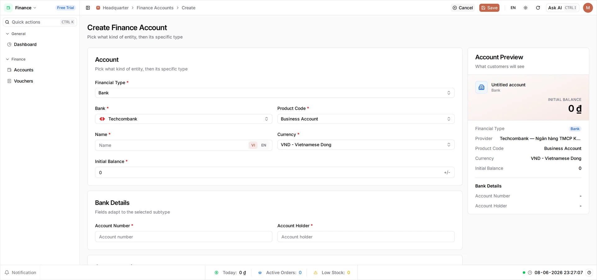 The Create Finance Account form with Financial Type set to Bank, Bank set to Techcombank and Product Code set to Business Account, beside the Account Preview panel