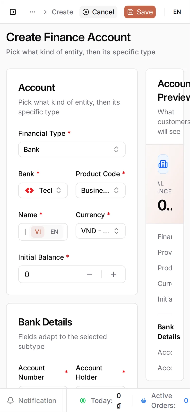 The same form on a phone: Financial Type Bank, with the Bank and Product Code fields squeezed side by side and truncated, and the Account Preview panel pushed past the right edge