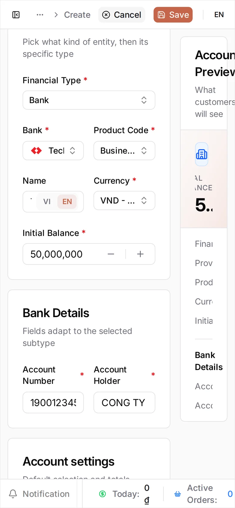 The filled form on a phone: Initial Balance 50,000,000 and the Bank Details fields are legible, the Name box is too narrow to show the name it holds, and the Account settings card only starts at the foot of the screen