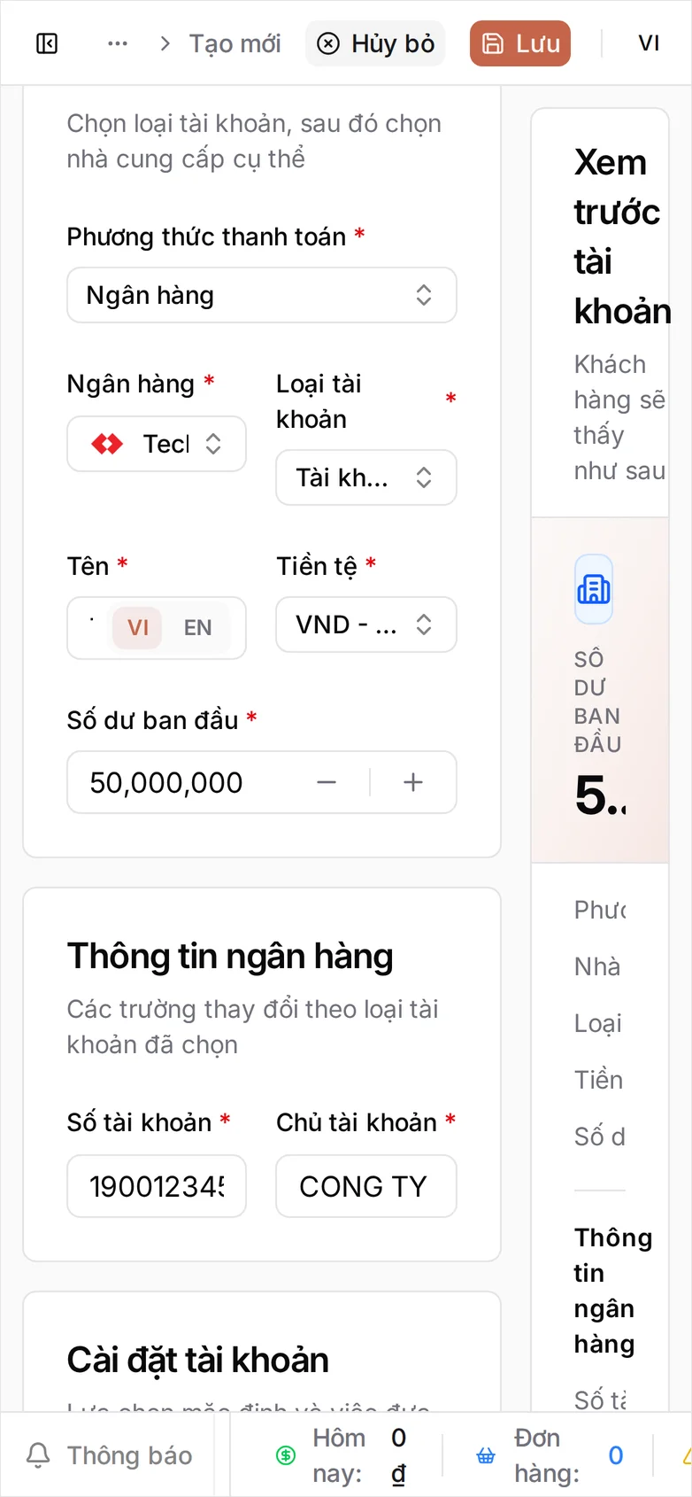 Biểu mẫu đã điền trên điện thoại: Số dư ban đầu 50.000.000 và các ô Thông tin ngân hàng đọc được, ô Tên quá hẹp nên không thấy tên đã nhập, còn thẻ Cài đặt tài khoản chỉ vừa lộ ra ở đáy màn hình