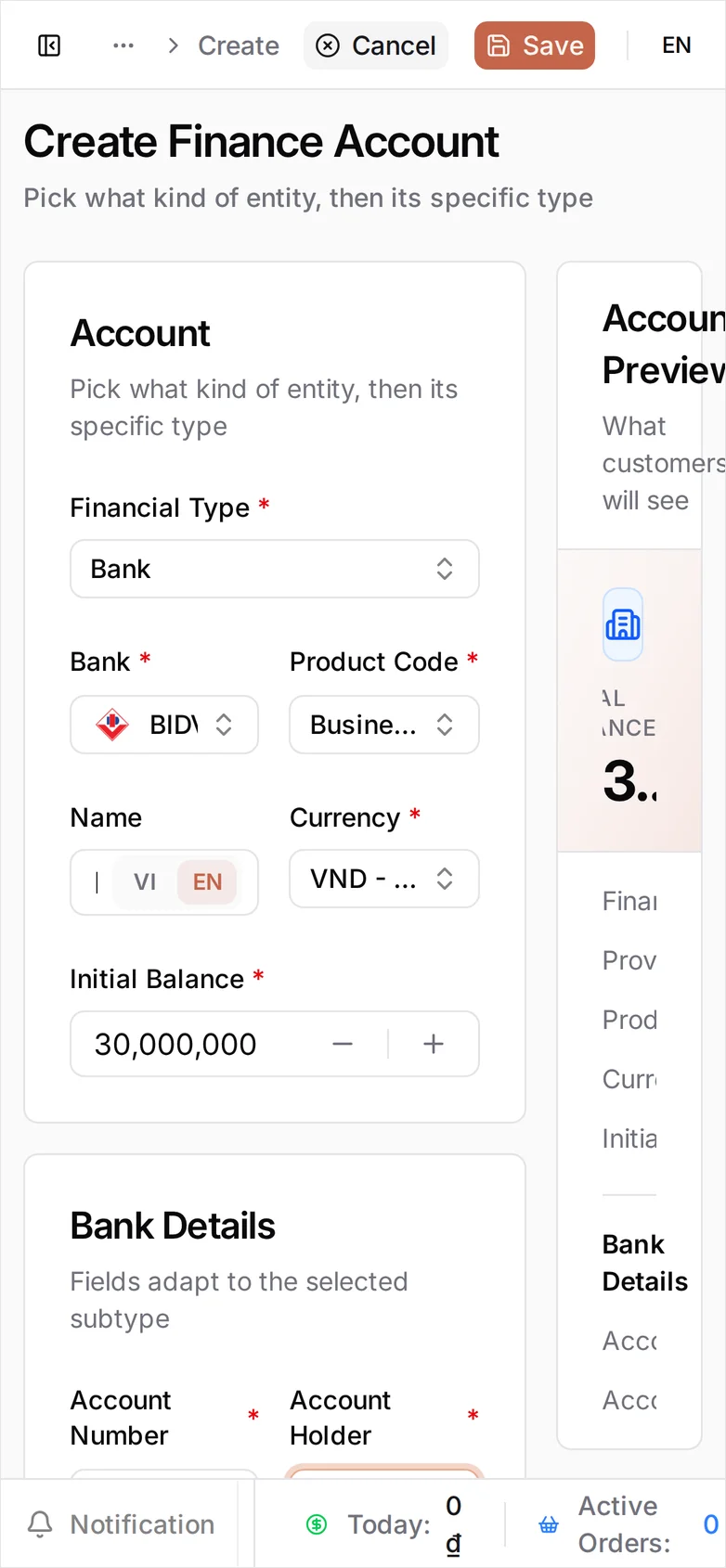 The second form on a phone, with Bank showing BIDV and Initial Balance 30,000,000
