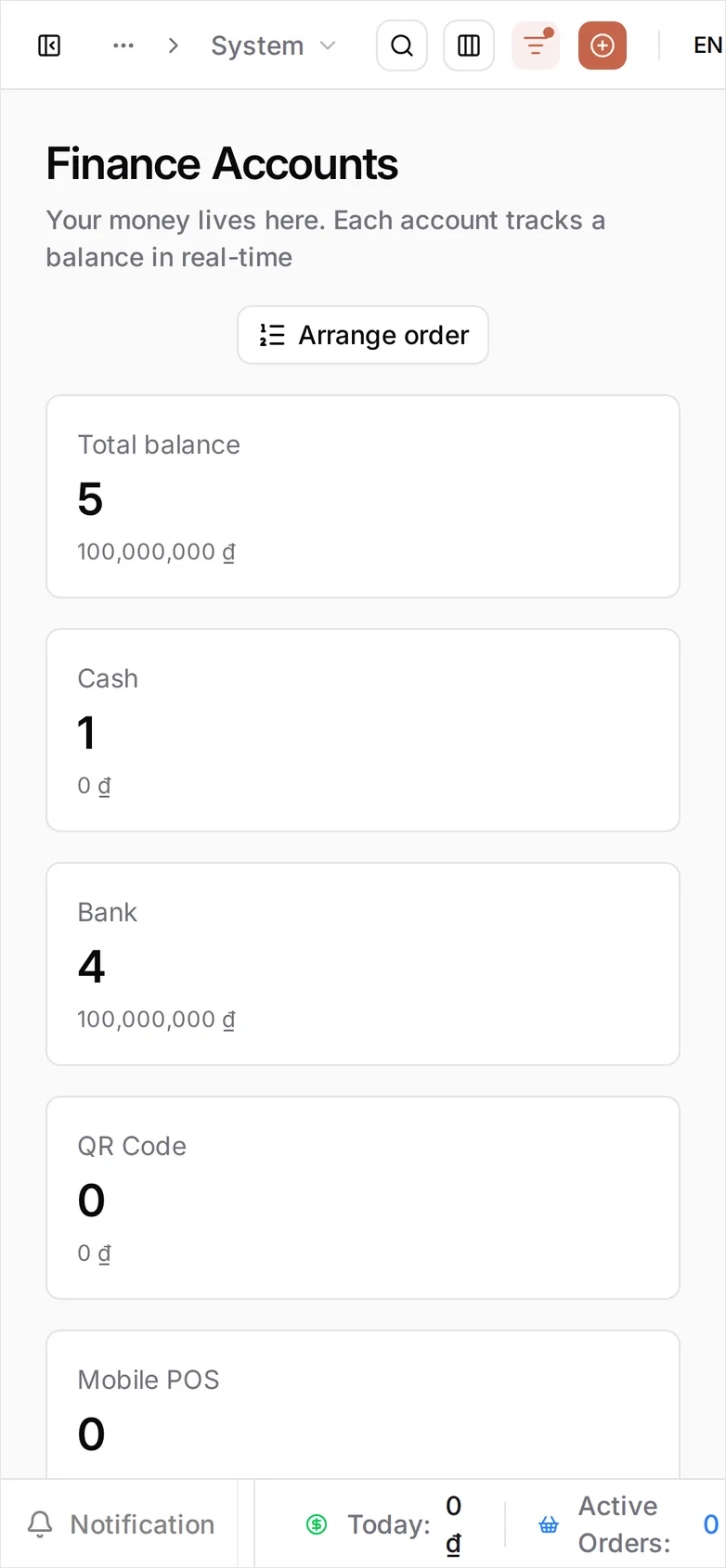 The summary cards on a phone: Total balance 5 at 100,000,000 ₫, Cash 1 at 0 ₫, Bank 4 at 100,000,000 ₫, then QR Code and Mobile POS at 0, with the five account rows below the fold