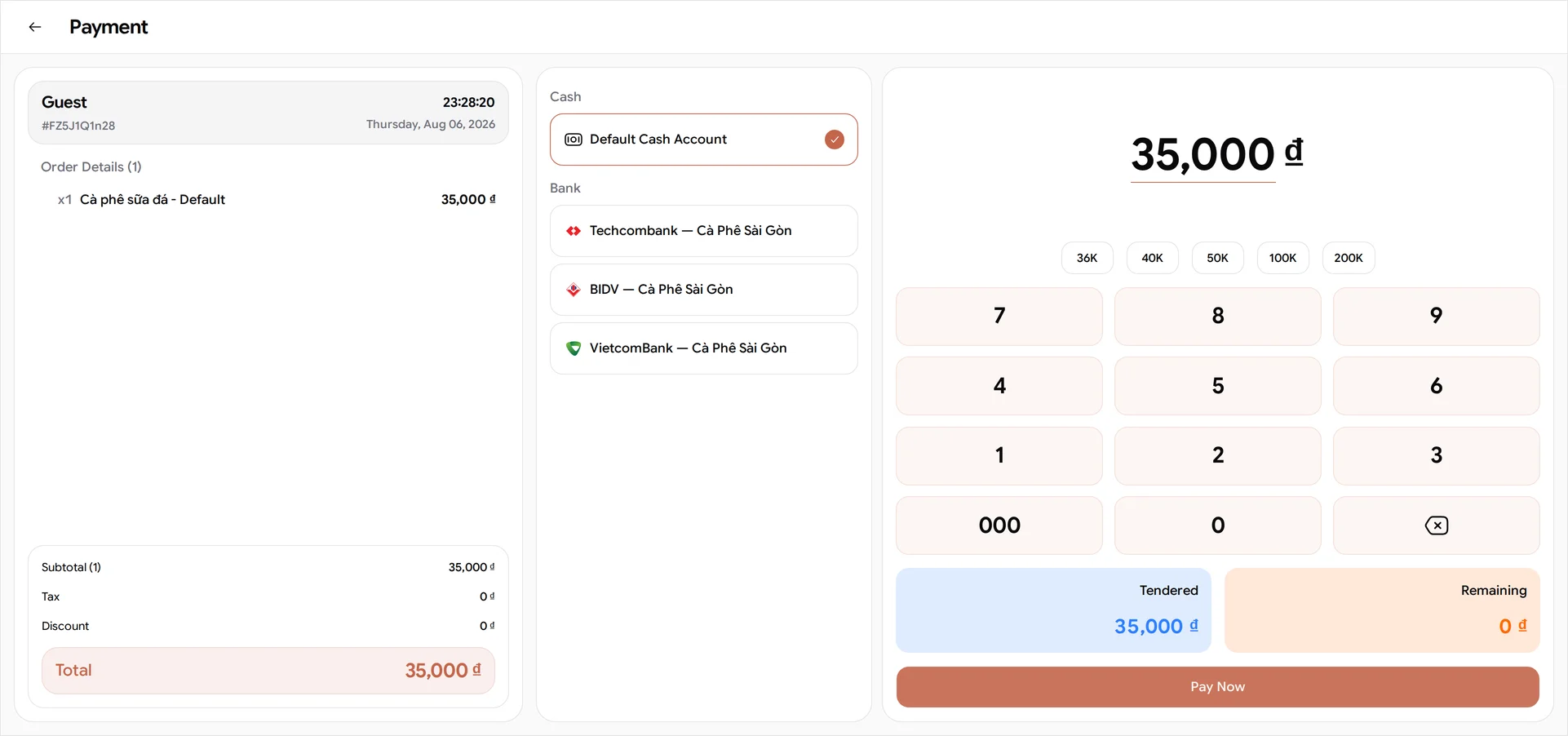 The BANA Sale Payment screen with the Default Cash Account selected under Cash, and the Techcombank, BIDV and VietcomBank accounts listed under Bank