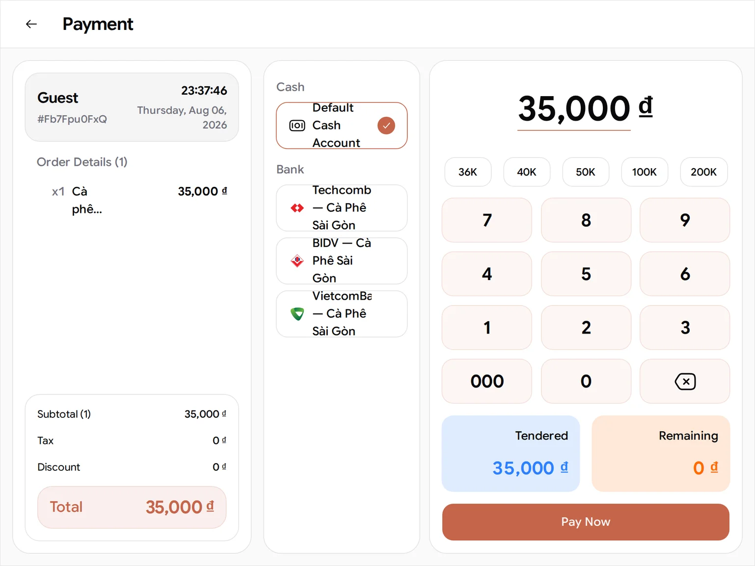 The same Payment screen on a counter tablet: Default Cash Account under Cash, and the three bank accounts under Bank with their names wrapping over three lines