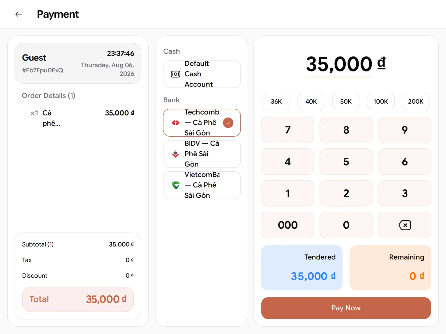 The tablet Payment screen with the Techcombank account ticked under Bank, Tendered 35,000 ₫, Remaining 0 ₫, and the Pay Now button below the keypad