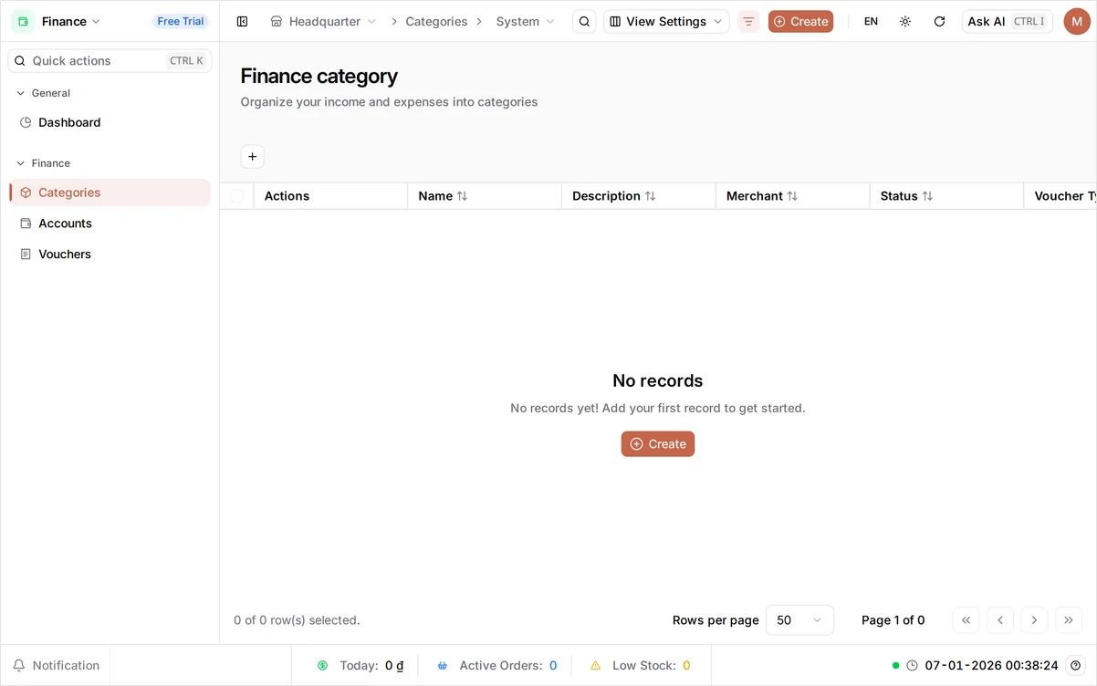 The Finance Categories screen with the subtitle 'Organize your income and expenses into categories' above an empty list