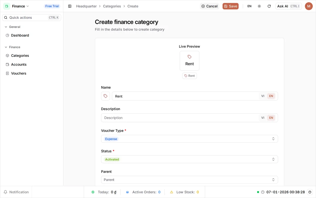The Create category form with Name 'Rent', Voucher Type set to Expense, and Status Activated