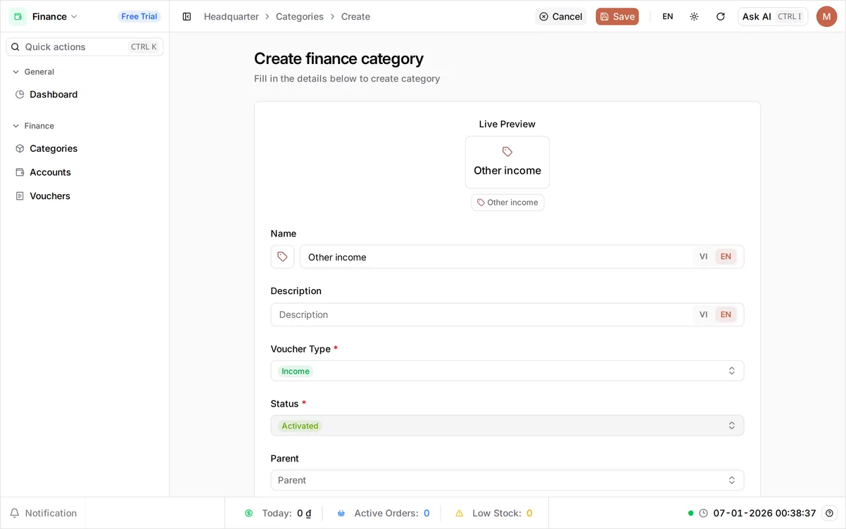 The Create category form with Name 'Other income', Voucher Type set to Income, and Status Activated