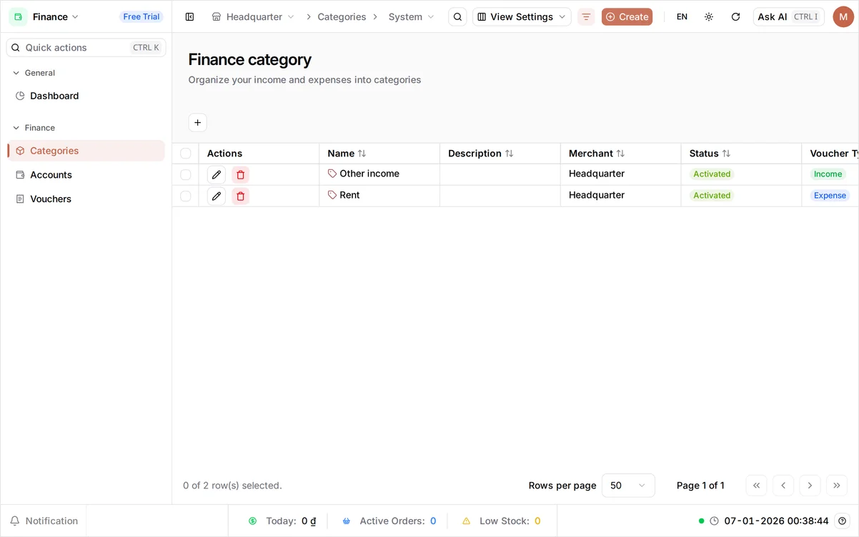 The Categories list showing Rent with an Expense badge and Other income with an Income badge, both Activated