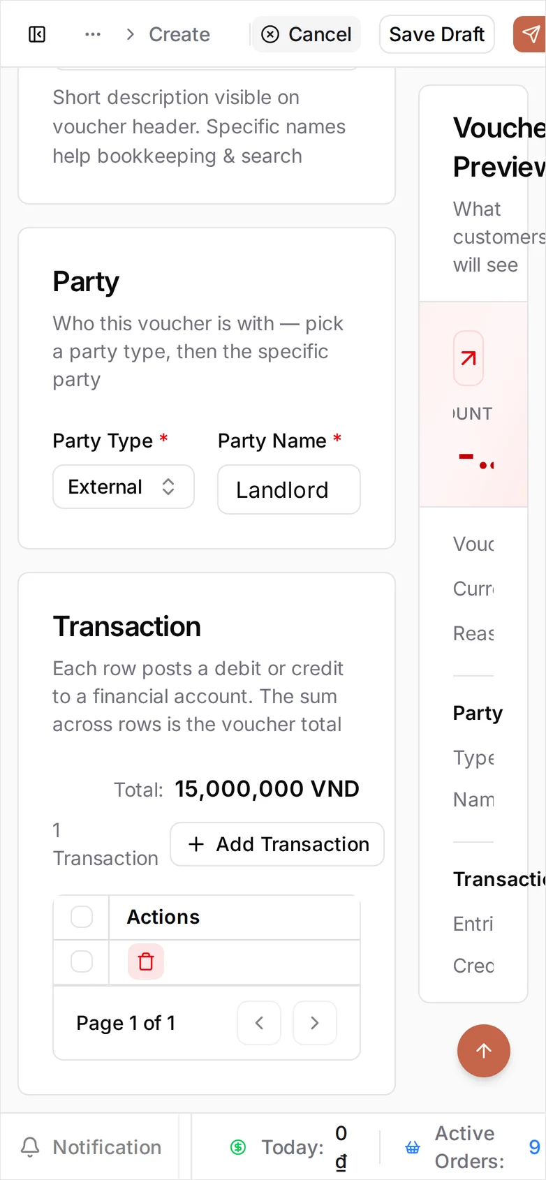 The same form on a phone: the Party card with External and Landlord, and the Transaction card reading Total 15,000,000 VND, its line table clipped to the Actions column with the Voucher Preview panel over the right edge