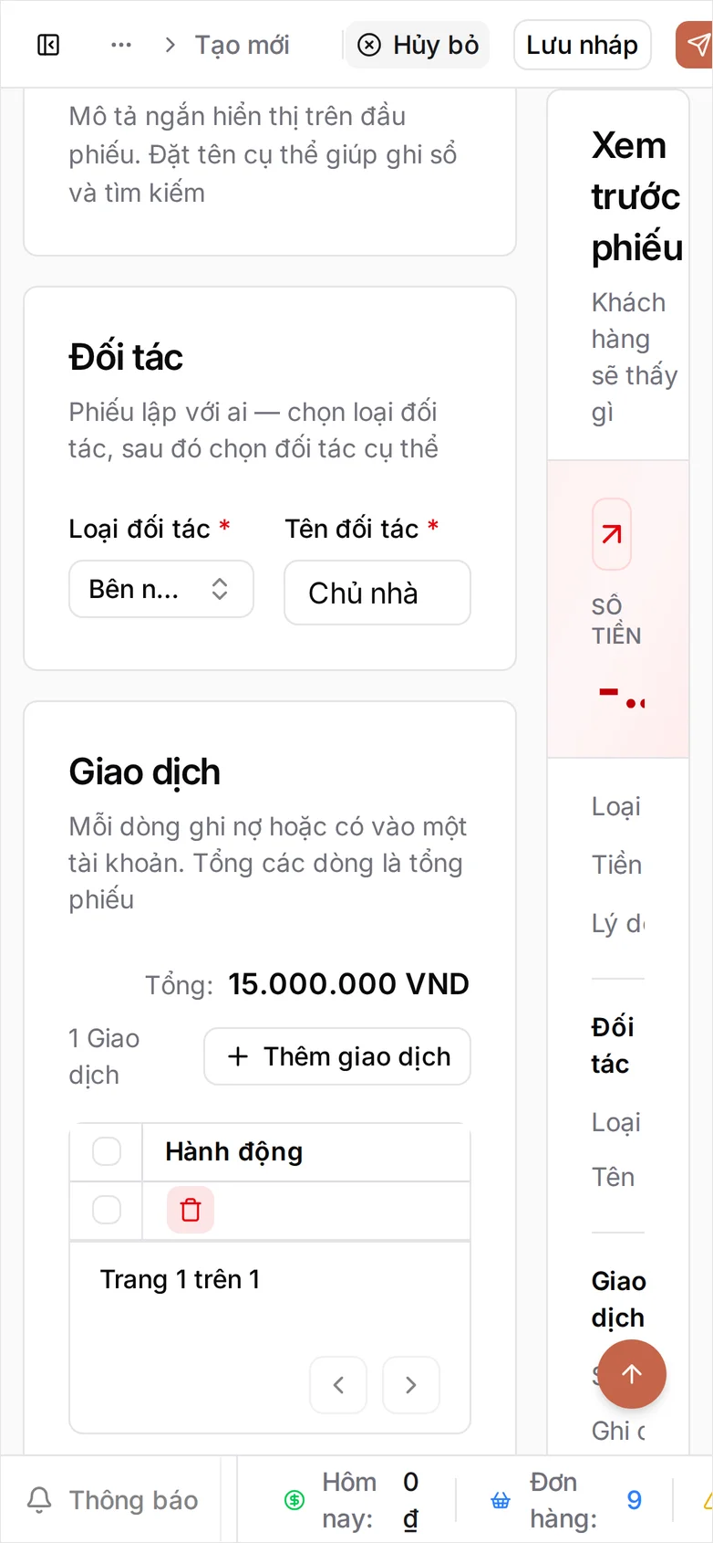 Cũng biểu mẫu đó trên điện thoại: thẻ Đối tác với Bên ngoài và Chủ nhà, thẻ Giao dịch hiện Tổng 15.000.000 VND, bảng dòng giao dịch bị cắt còn cột Hành động và khung Xem trước phiếu đè lên mép phải