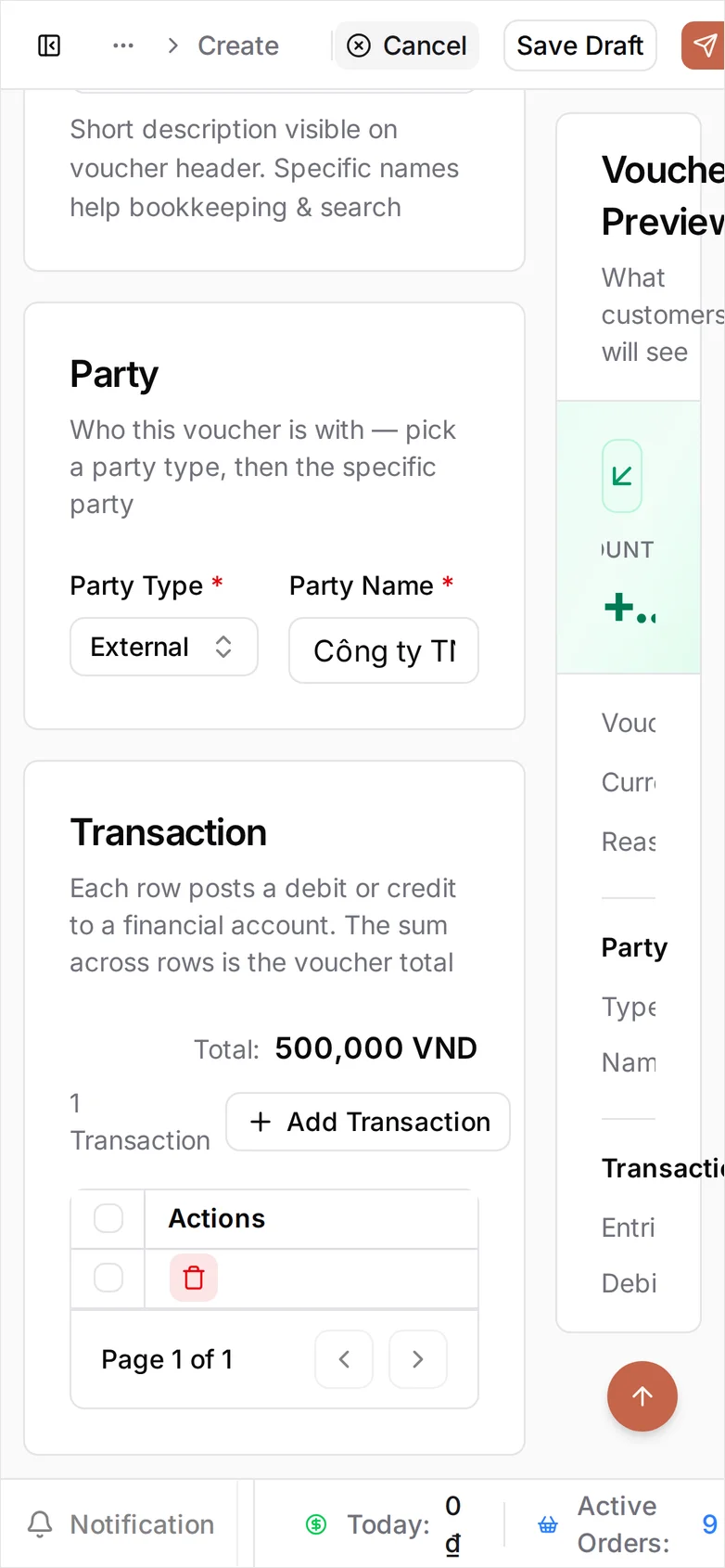 The Receipt form on a phone: Party Type External with the supplier's name, and the Transaction card reading Total 500,000 VND, the line itself clipped to its Actions column