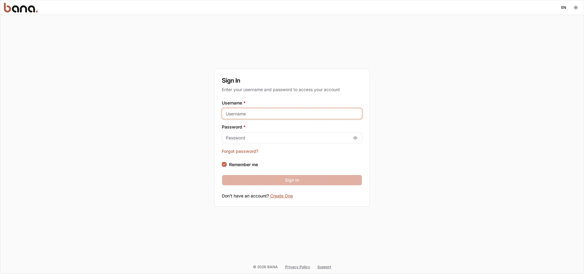 The BANA sign-in screen: Username and Password fields, a Forgot password? link, Remember me checked, and 'Don't have an account? Create One' below the Sign In button