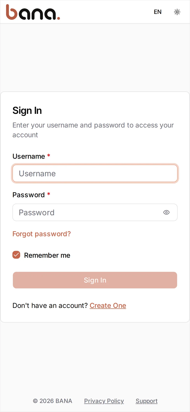 The BANA sign-in screen: Username and Password fields, a Forgot password? link, Remember me checked, and 'Don't have an account? Create One' below the Sign In button