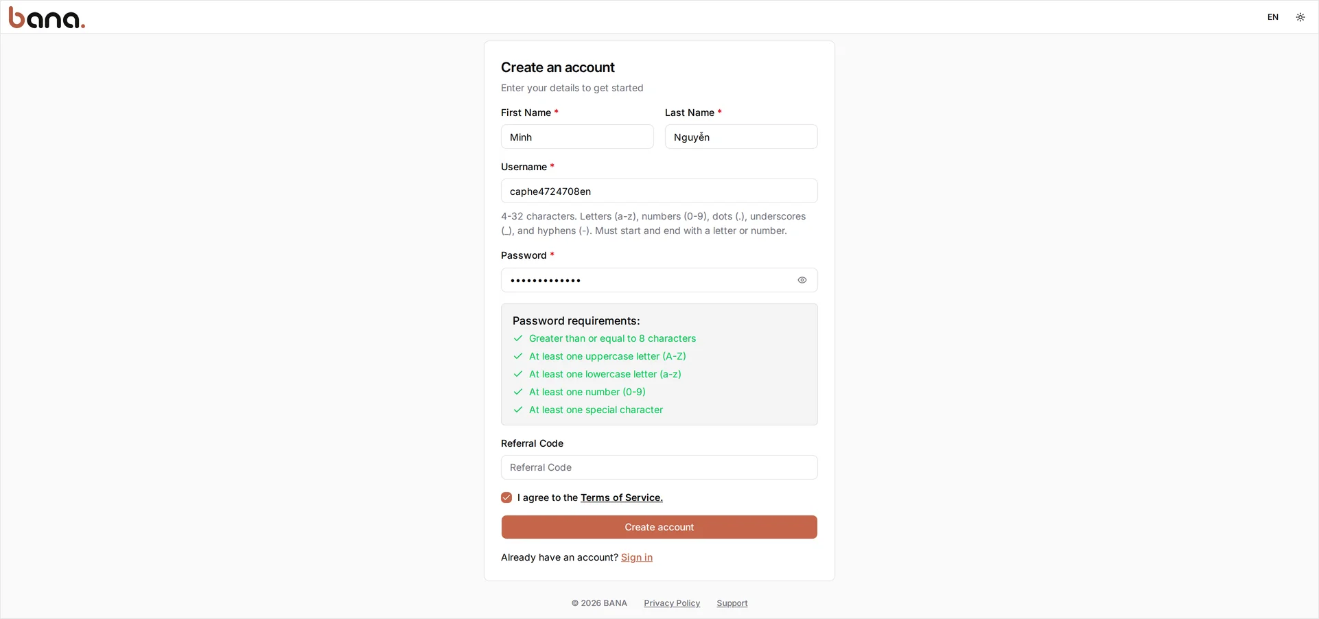 The Create an account form with First Name 'Minh', Last Name 'Nguyễn', a username, and a password filled in; the username rules under the Username field; a Password requirements panel with all five rules ticked green; an empty Referral Code; and the Terms of Service box ticked above the Create account button
