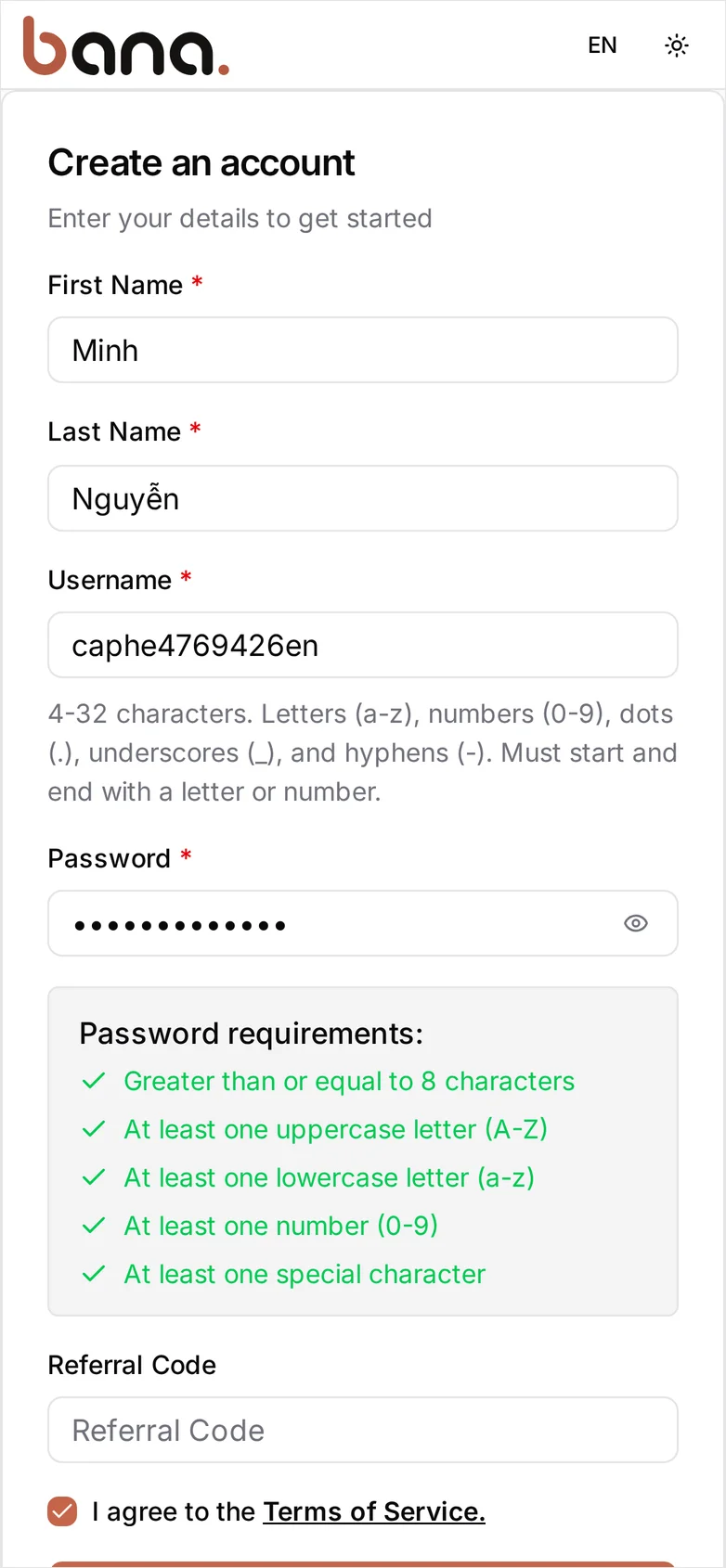 The Create an account form with First Name 'Minh', Last Name 'Nguyễn', a username, and a password filled in; the username rules under the Username field; a Password requirements panel with all five rules ticked green; an empty Referral Code; and the Terms of Service box ticked above the Create account button