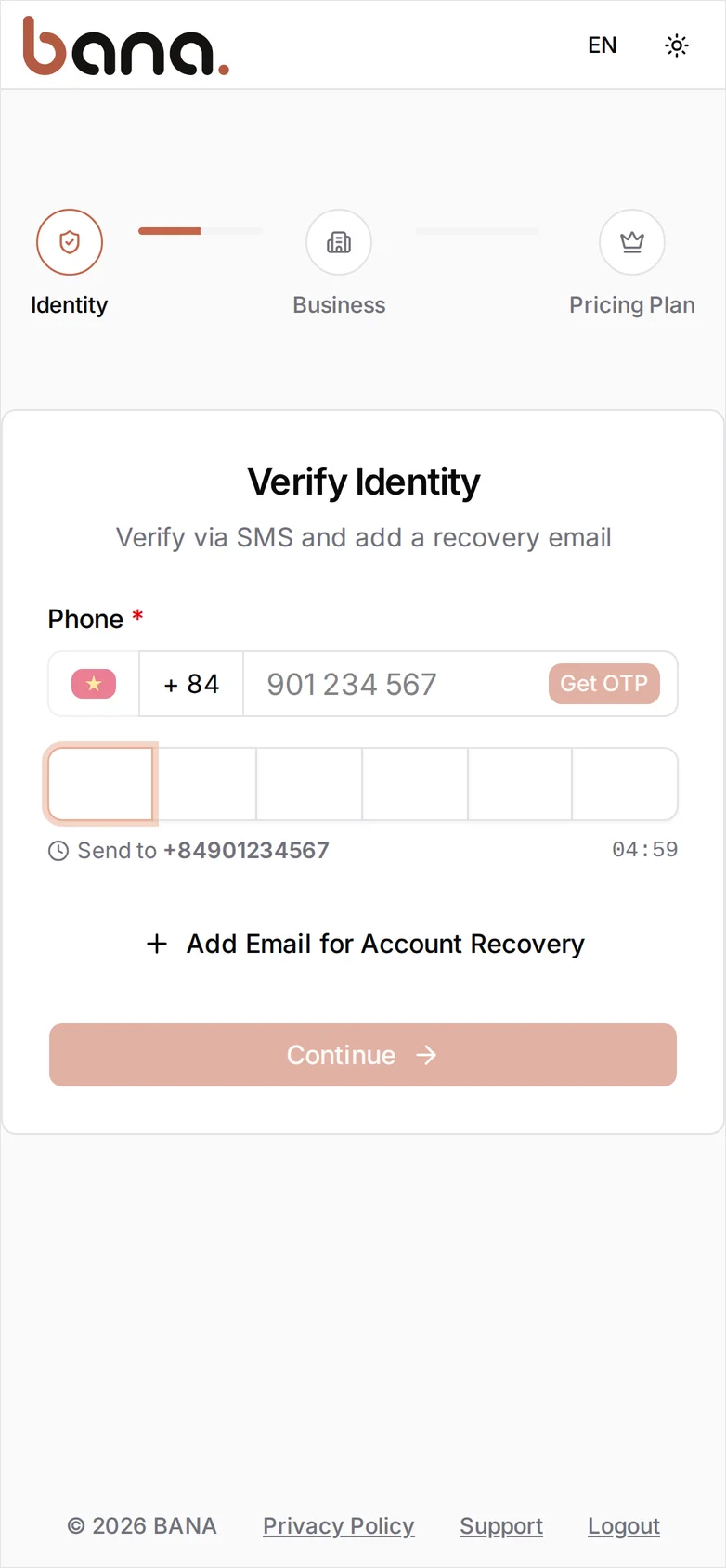 The Verify Identity step with the Phone field filled on the Vietnam +84 dialling code, the six OTP boxes open below it showing where the code was sent and how long it stays valid, an Add Email for Account Recovery link, a greyed-out Continue button, and the Identity / Business / Pricing Plan progress bar above